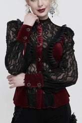 Chemisier gothique pour femme en velours rouge à col montant en dentelle avec design de faux soutien-gorge et maille papillon tridimensionnelle